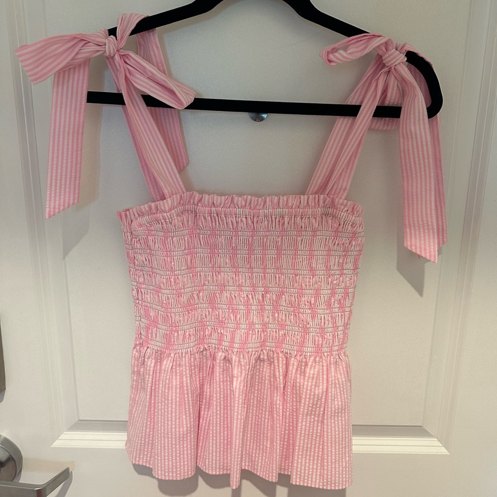 Lilly Pulitzer smocked top, tie straps, pink/white, size small, great condition